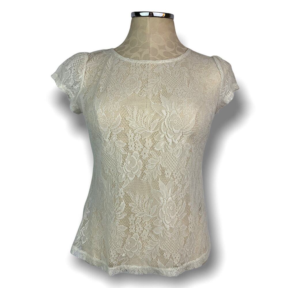 Small bar III front row Ivory Lace Women's Short Sleeve Sheer Top Zipper Detail